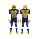 Players wearing high-performance American football uniforms with custom sublimated designs, showcasing durability, fit, and breathable fabric.