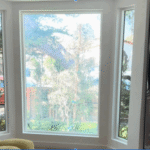 Sunlight filtering through large bay windows with a view of trees and residential neighborhood outside.