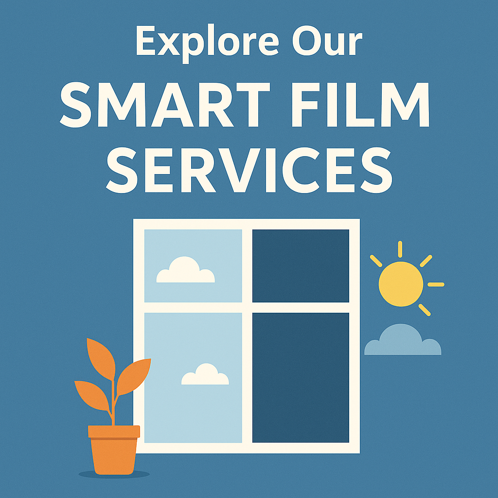 Illustration of a window showing smart film in clear and frosted modes, promoting Smart View Corp’s smart film services.