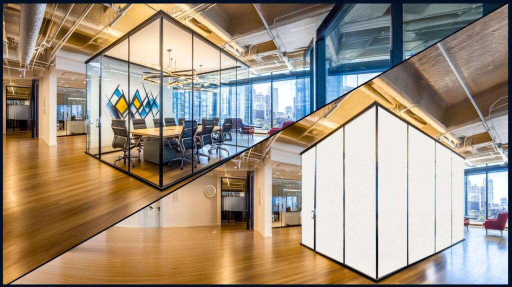 Modern office meeting room with smart glass walls, shown in clear and opaque modes.