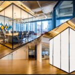 Modern office meeting room with smart glass walls, shown in clear and opaque modes.